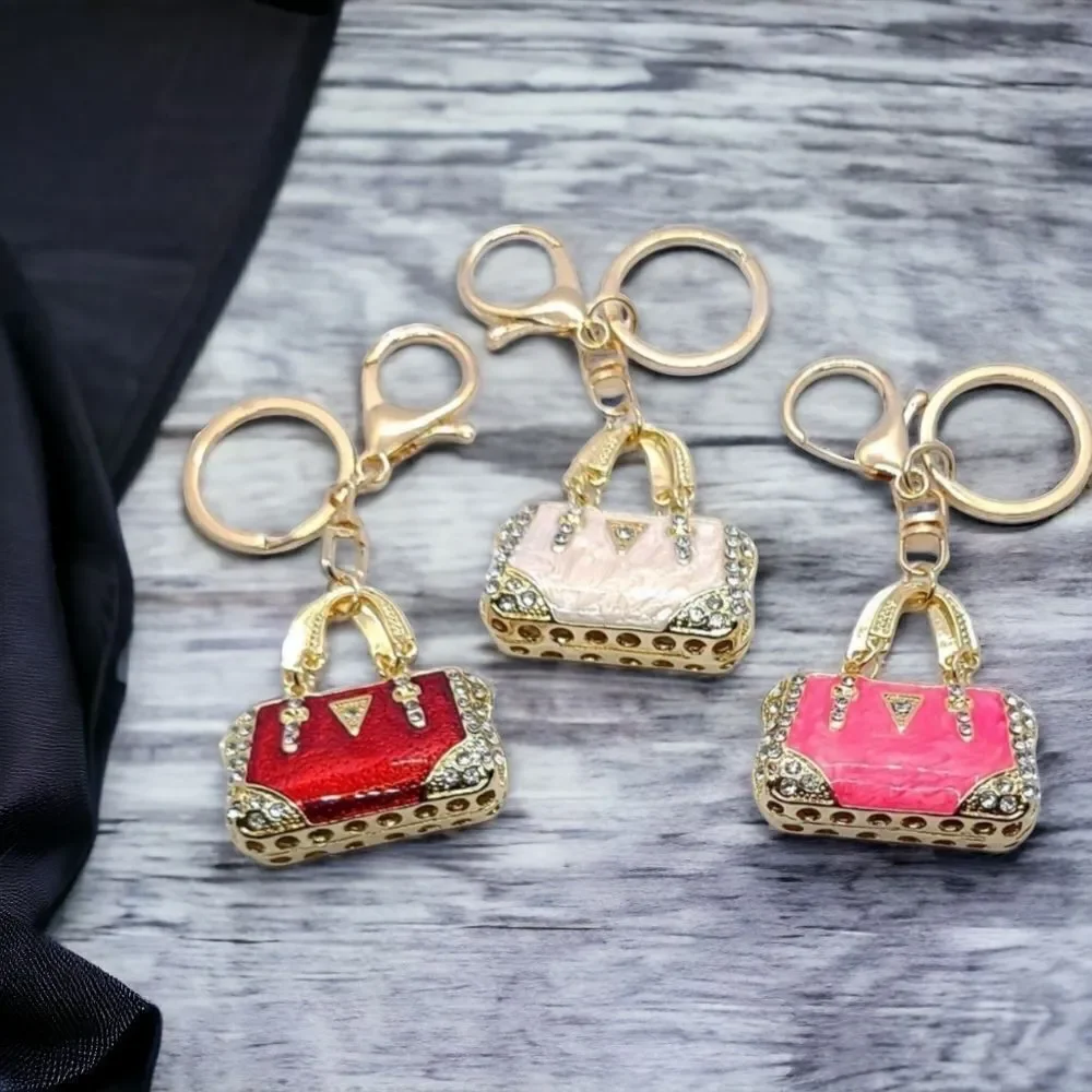 Red Mini Handbag Purse Charm Keychain Rhinestone Gold Bag Clip Enamel Accessory